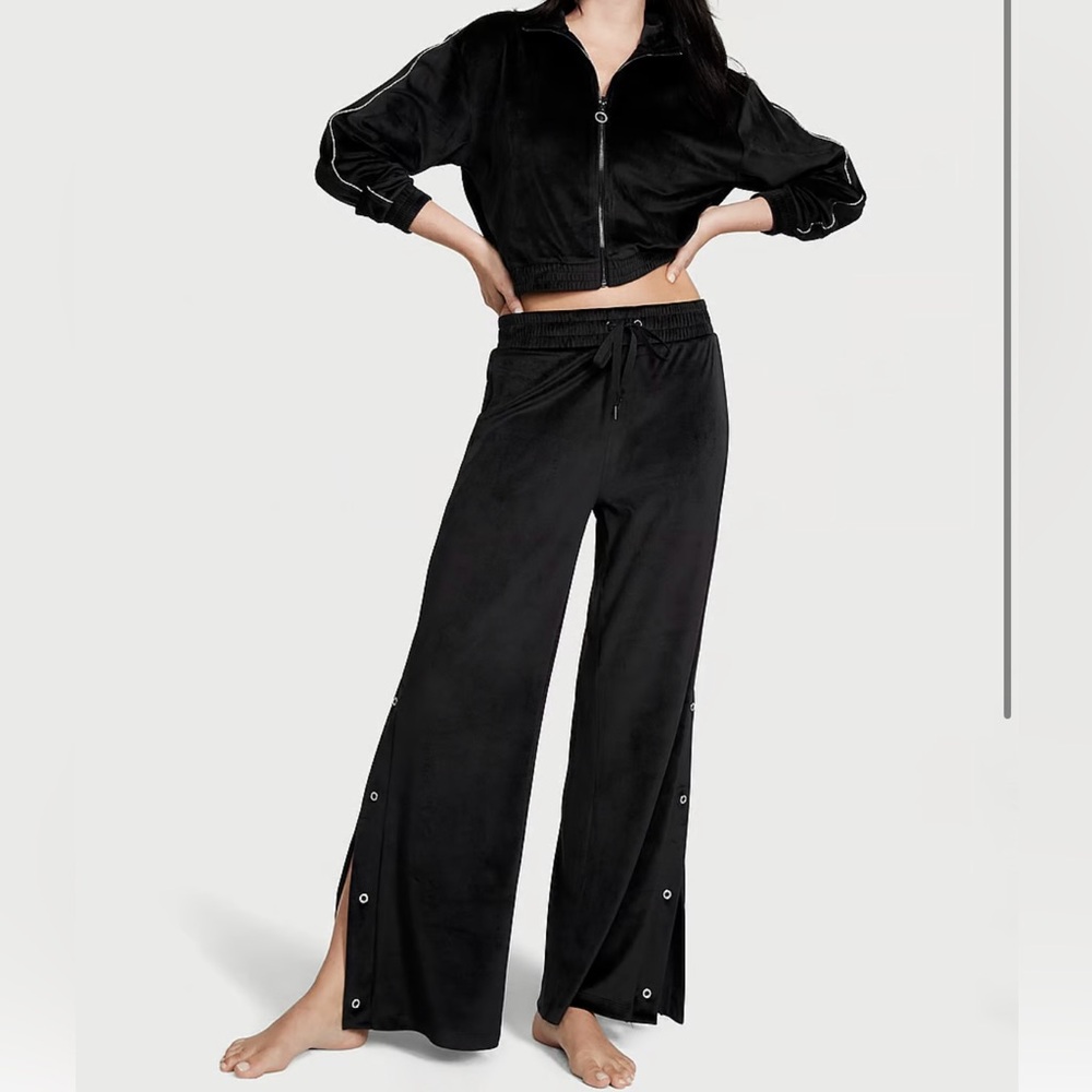 Victorias Secret Black Velour Diamante Wide-Leg Snap Lounge Pants size small